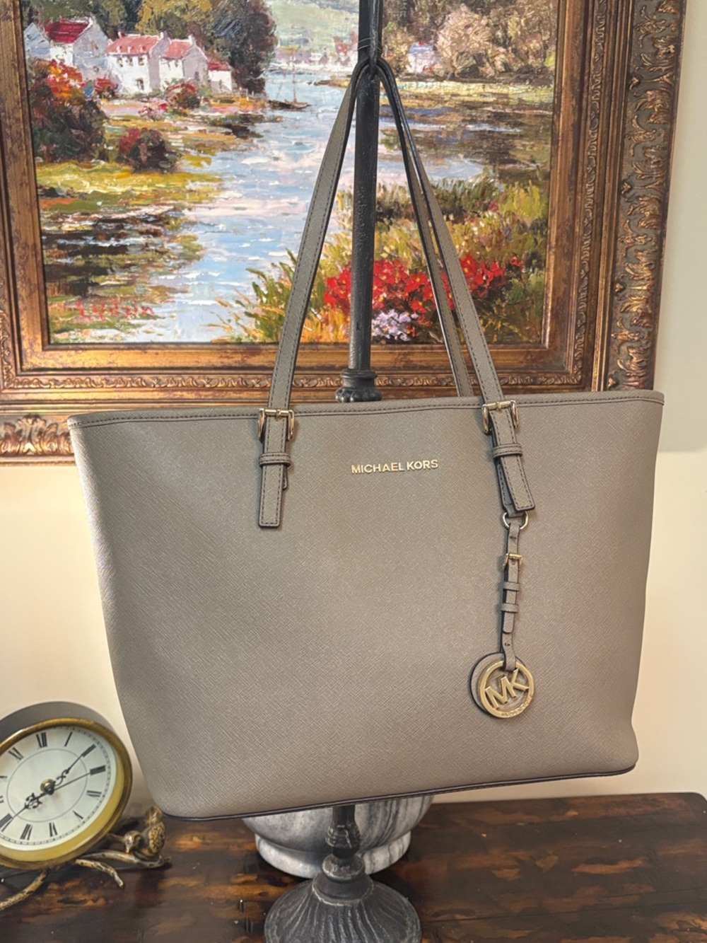 Michael Kors Taupe Saffiano Tote with MK Charm